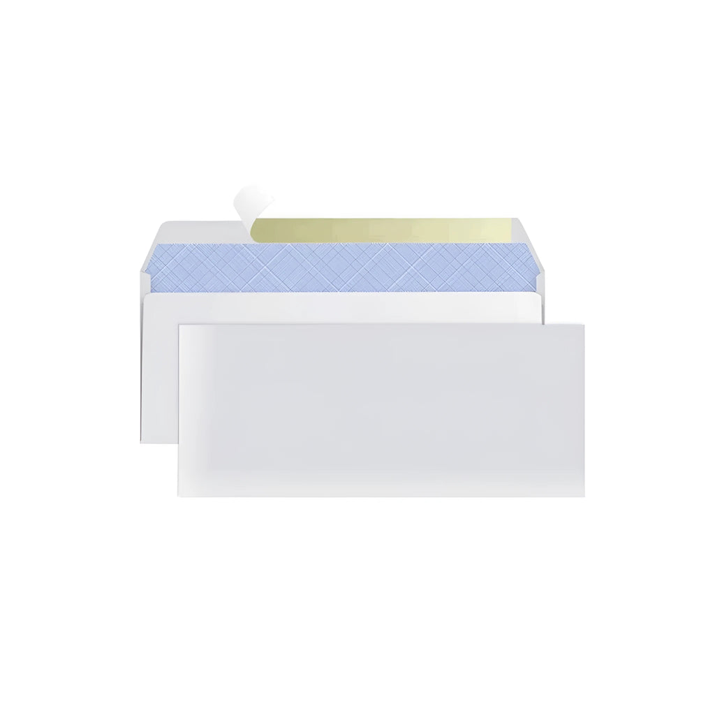 Blue confidential anti-opening security envelope showing self-adhesive seal, measuring 105mm by 240mm