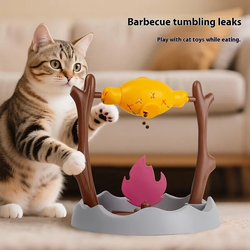 Barbecue-themed tumbling cat food feeder toy measuring 30cm with food dispensing function