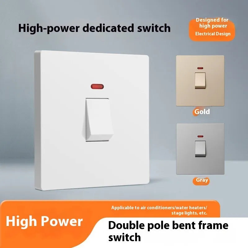 Gold curved rack panel switch with LED indicator light for high-current applications.