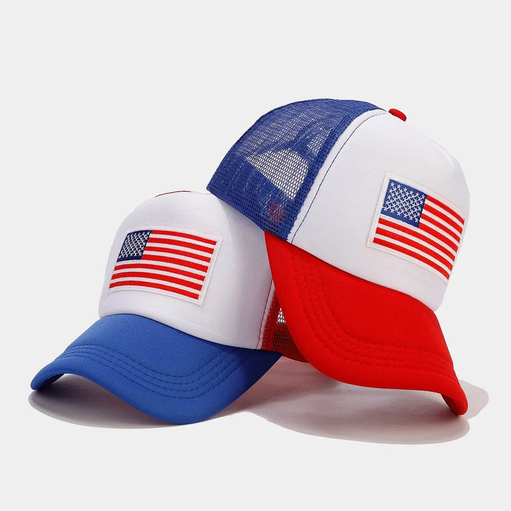 Red and blue contrast mesh breathable baseball cap with adjustable strap and dome crown.