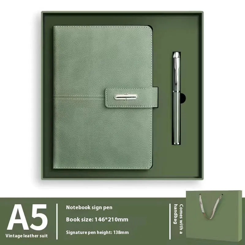 A5 notebook with PU leather cover in one of six colour options, showing wood-free paper inside.