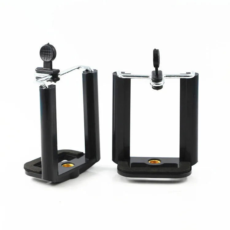 Black plastic U-clip mobile phone bracket mounted on a hose with phone secured in holder