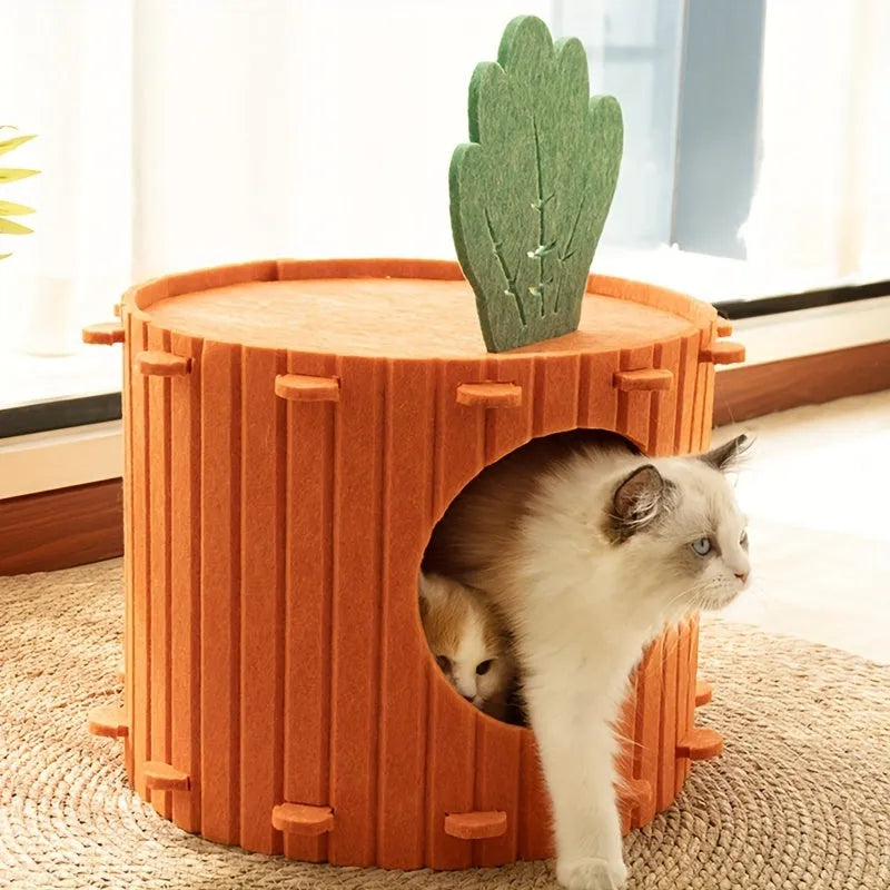 Carrot-shaped felt cat nest with tunnel entry in medium and large sizes