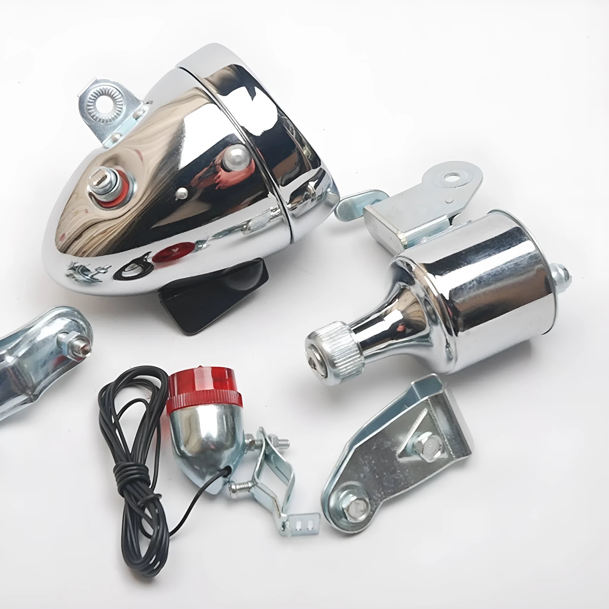 Silver bicycle dynamo generator light set with friction drive mechanism for front and rear lighting