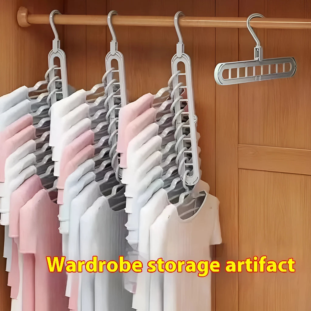 Green plastic nine-hole trousers hanger for wardrobe organisation with modern minimalist design