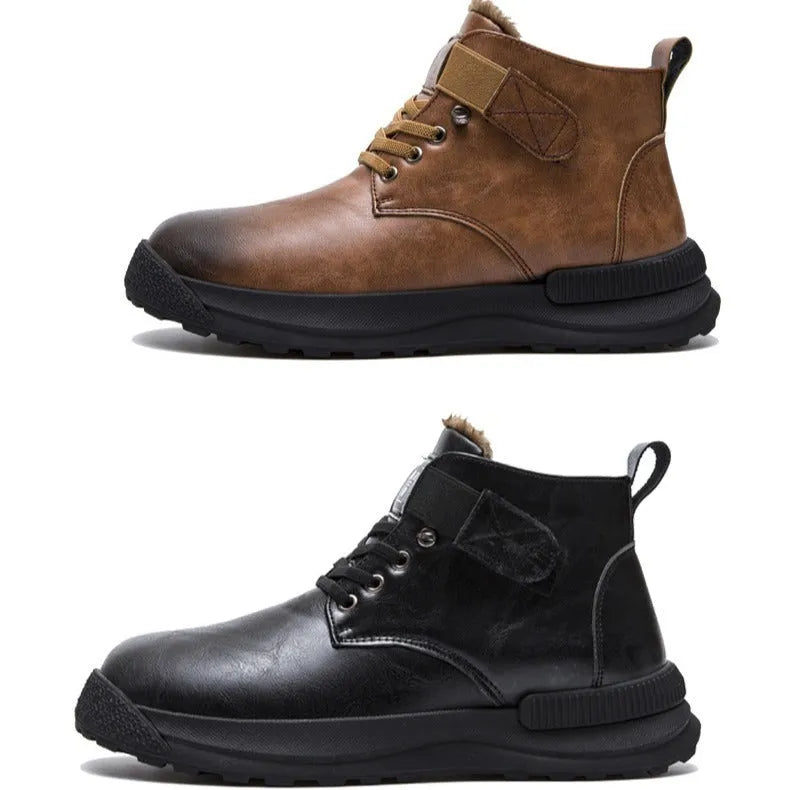 Men's black and brown Martin platform boots with high-top design and artificial PU upper
