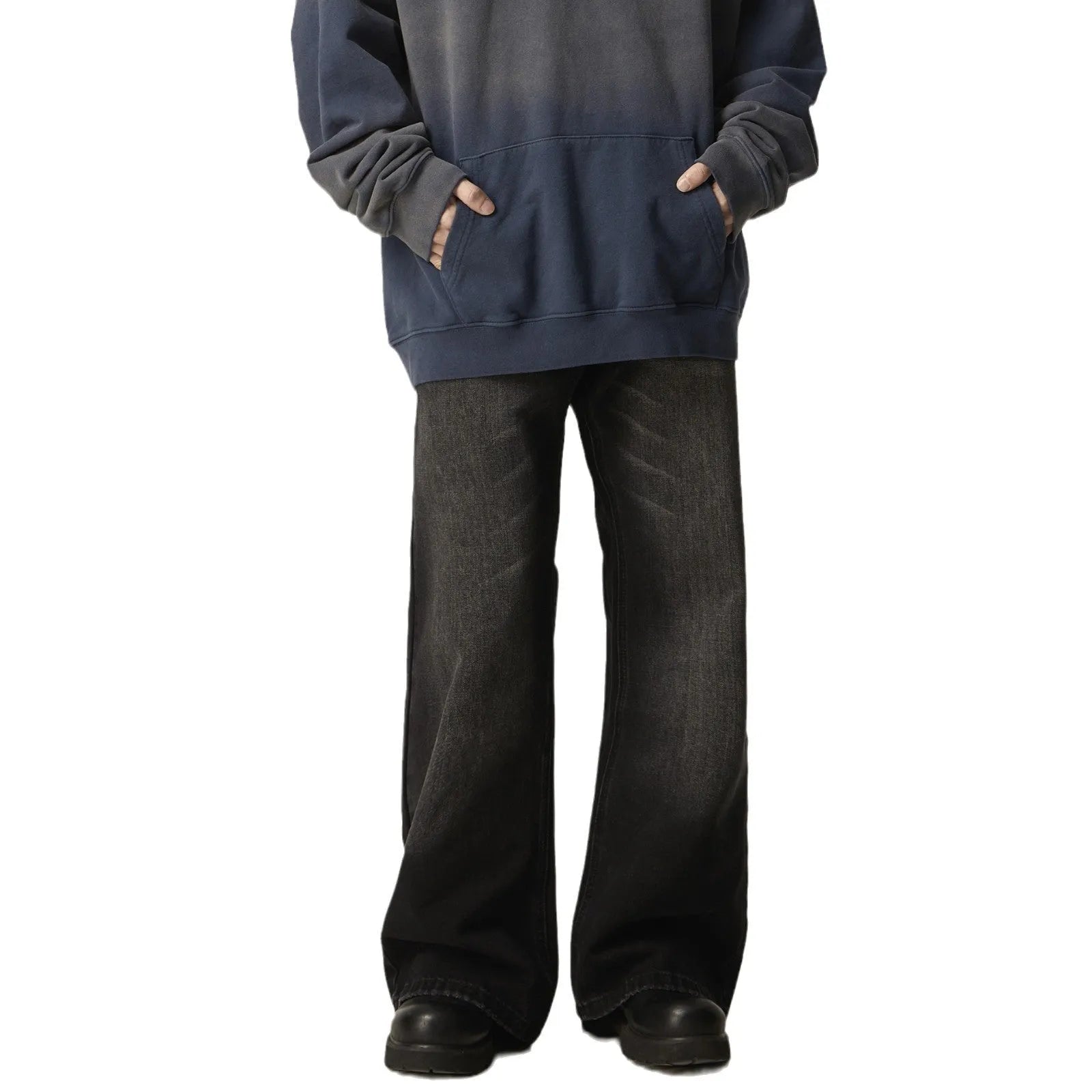 Black loose straight-leg retro jeans with zip fly opening on mannequin