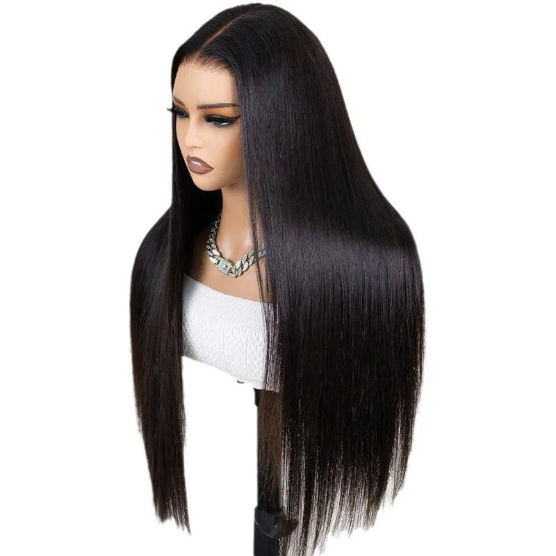 A straight black human hair wig with a 13x6 lace front, shown in a long length option.