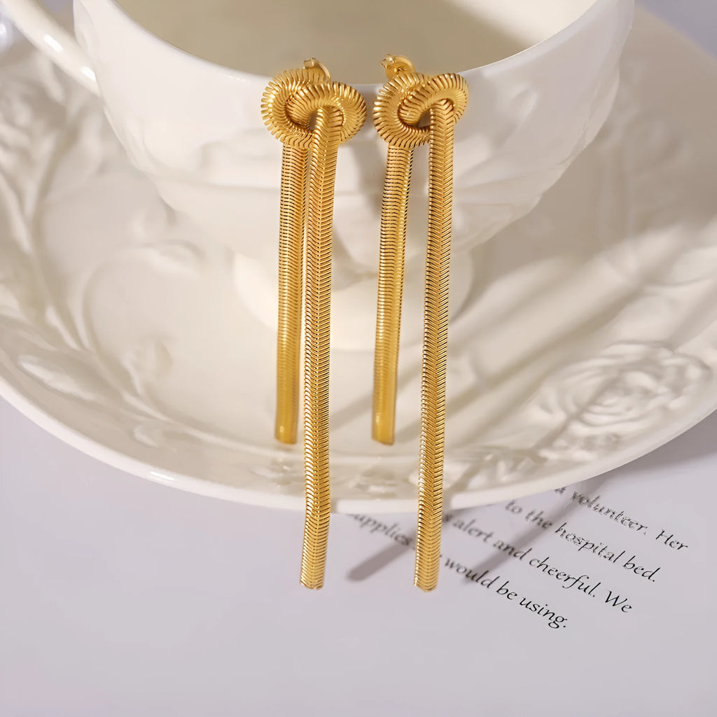 Gold knotted tassel snake chain long necklace with matching earrings set for women