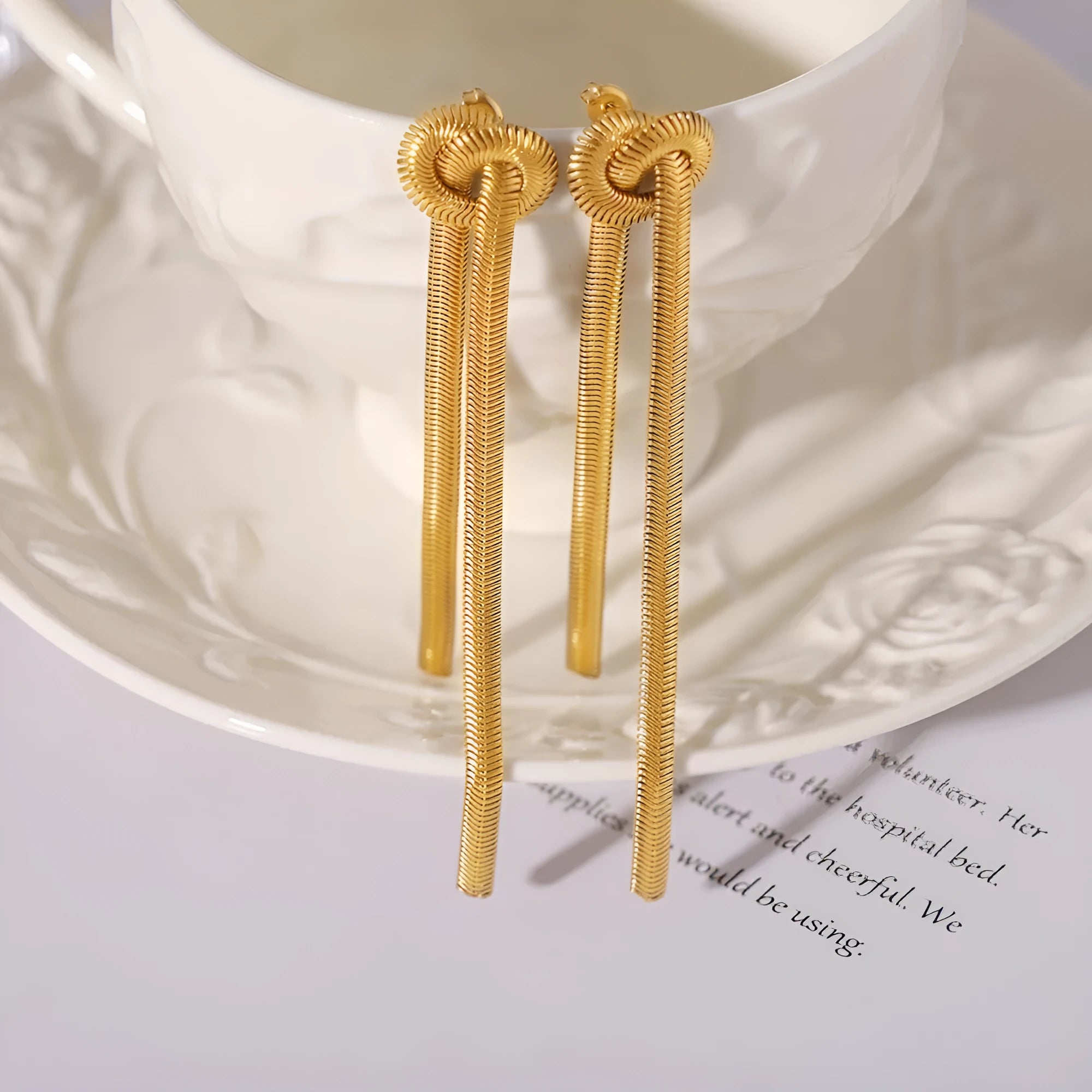 Gold knotted tassel snake chain long necklace with matching earrings set for women