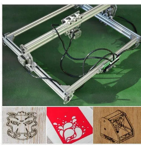 Miniature 3000mw laser engraving machine with a 400mm by 300mm base plate.