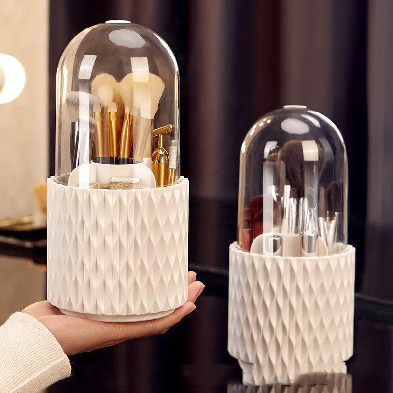 360 rotating large capacity transparent acrylic makeup brush storage pen holder with lid in white, PET HIPS desktop cosmetic organiser