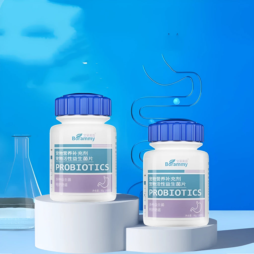 Bottle of pet probiotic tablets labelled 180 count for dog and cat digestive health