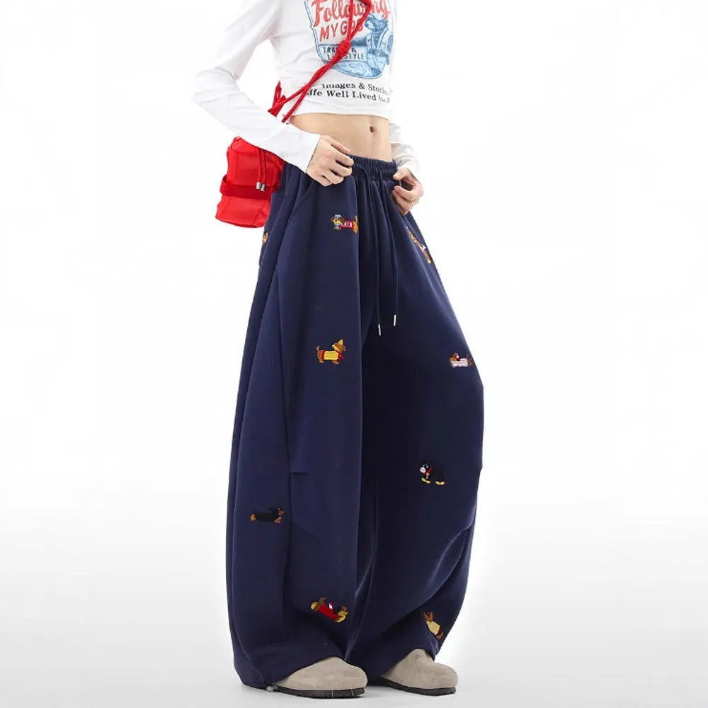 Lazy sausage dog embroidered machete sweatpants in gray, loose-fit polyester autumn casual trousers