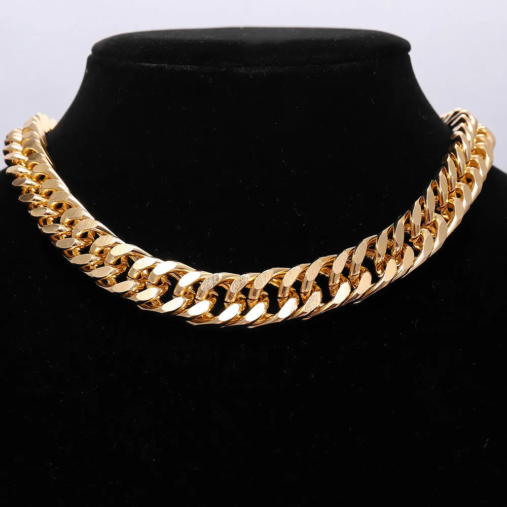 Women's thick gold chain necklace showing 32cm length with electroplated finish and simple solid colour design