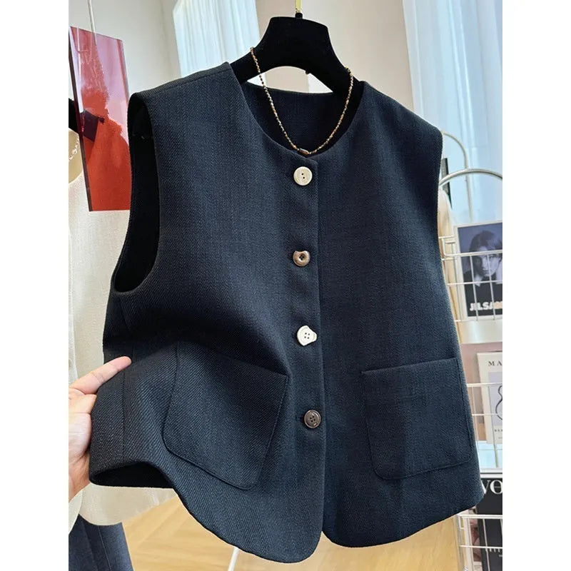 Women's milky white round neck bandage vest made from polyester, laid flat.