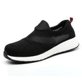 Men's lightweight mesh steel toe safety work shoes in black, shown from the side.