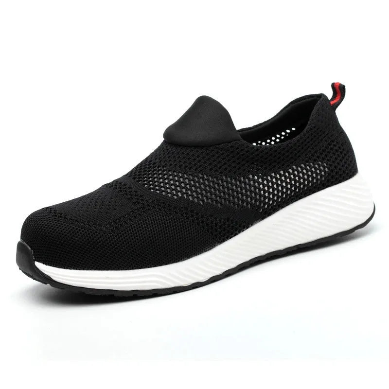 Men's lightweight mesh steel toe safety work shoes in black, shown from the side.