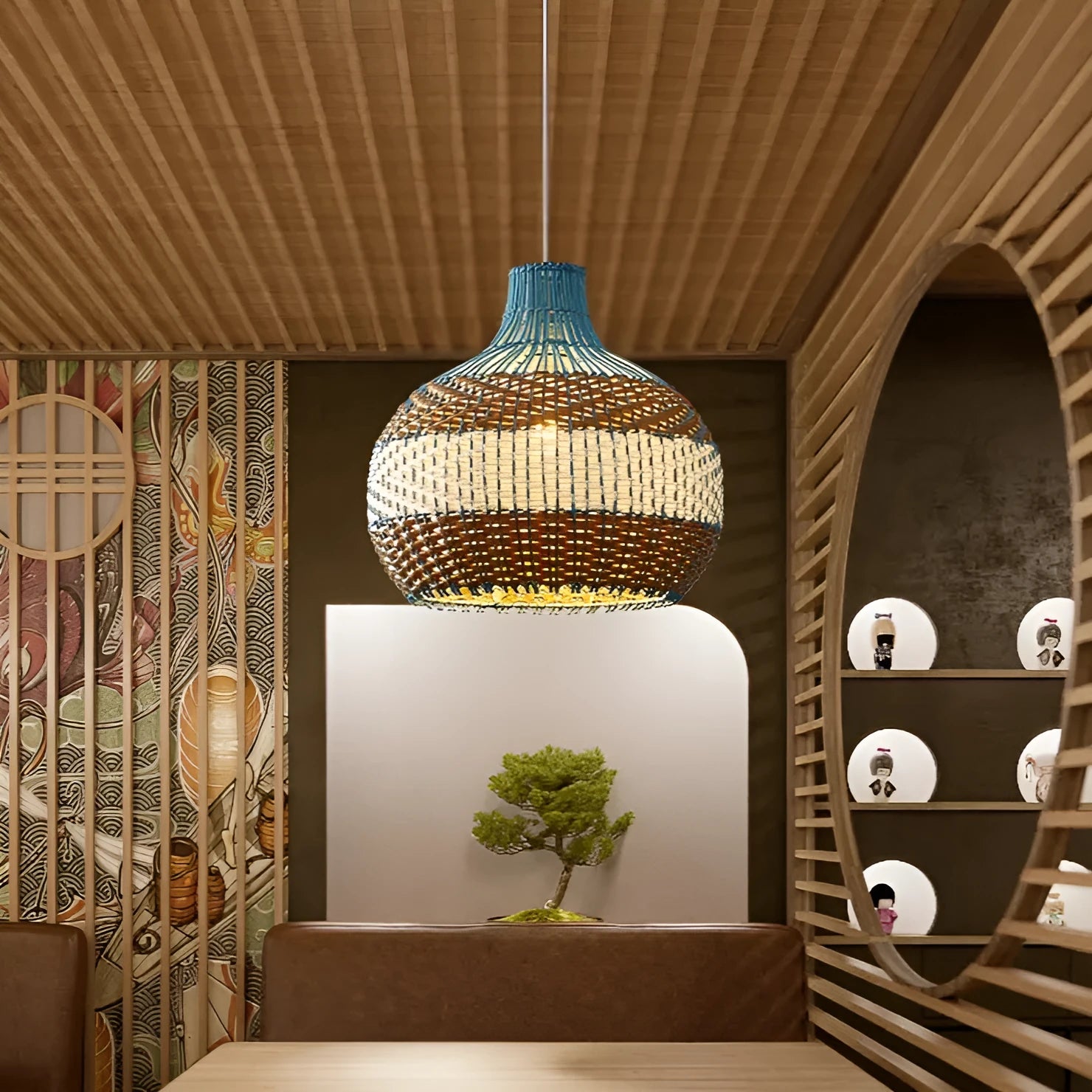 Natural woven vine rattan pendant lamp with silent wind style, shown in a living room setting.