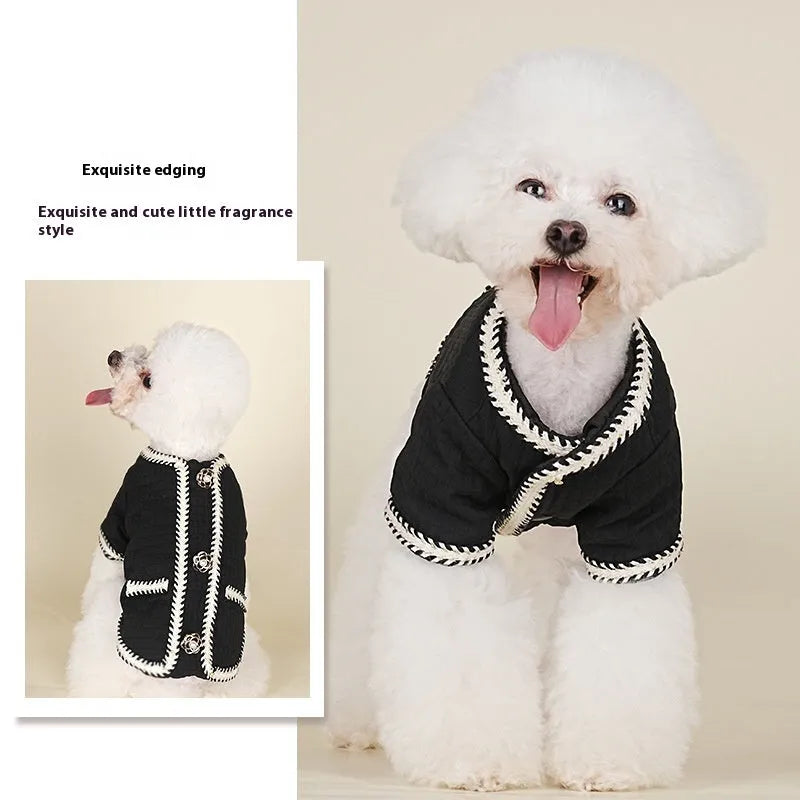 Quilted polyester pet coat with cartoon print in black colour available in multiple sizes