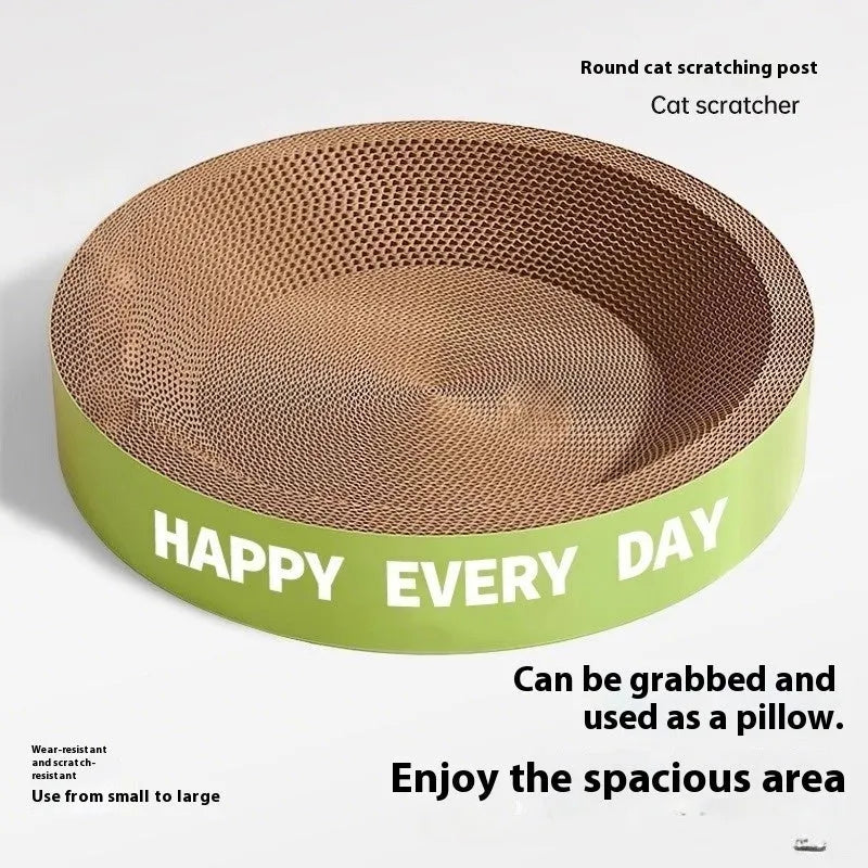 Green round scratching board cat nest showing integrated scratching surface and resting area