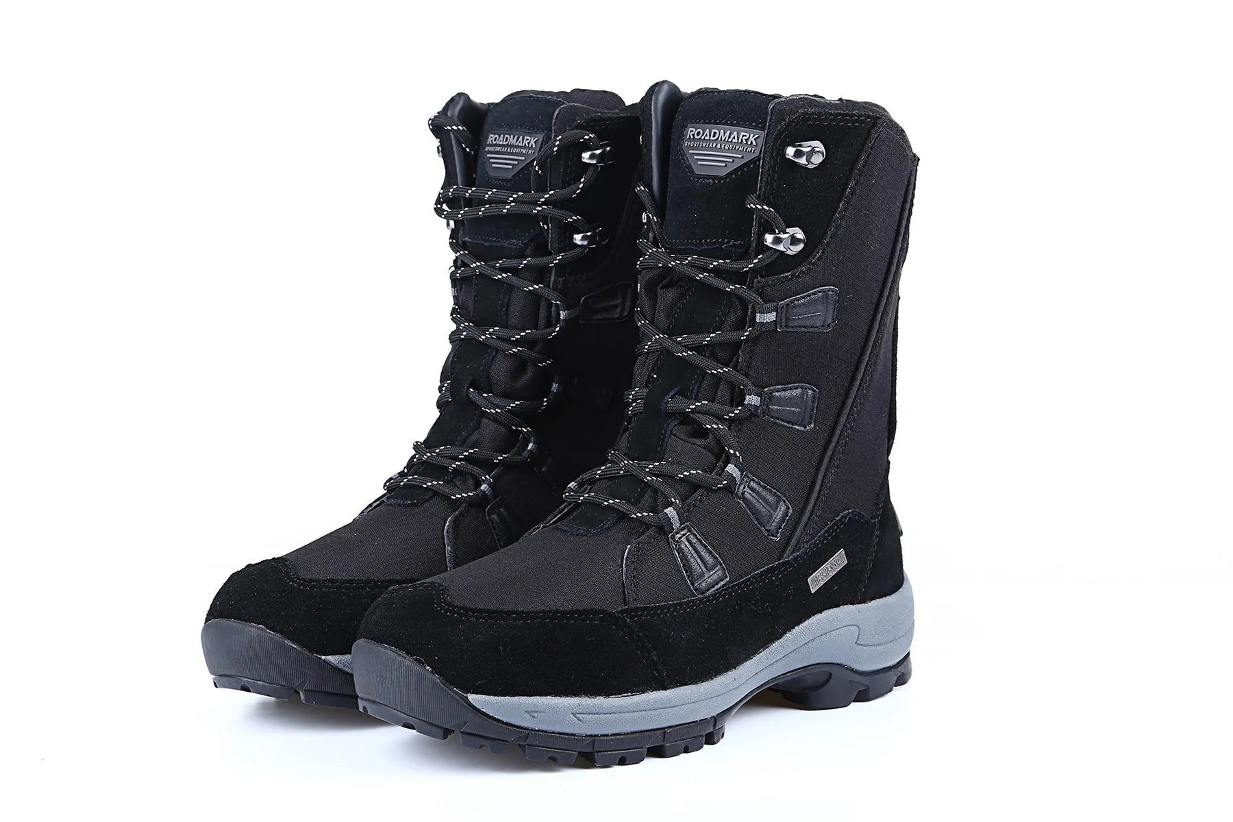Women's black thermal snow boots with mid-calf height and round toe design