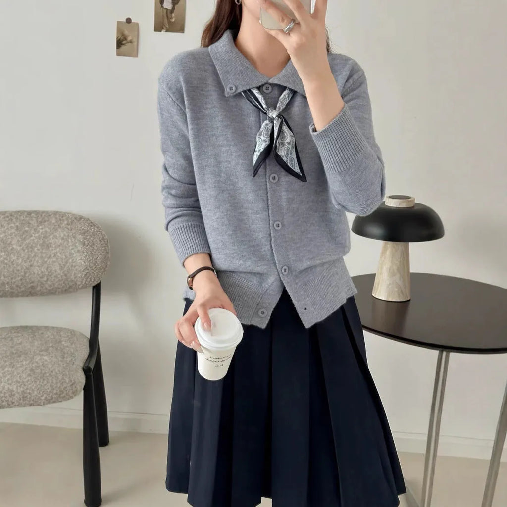 Women's lapel scarf cardigan sweater in acrylic fibre with splicing detail, free size