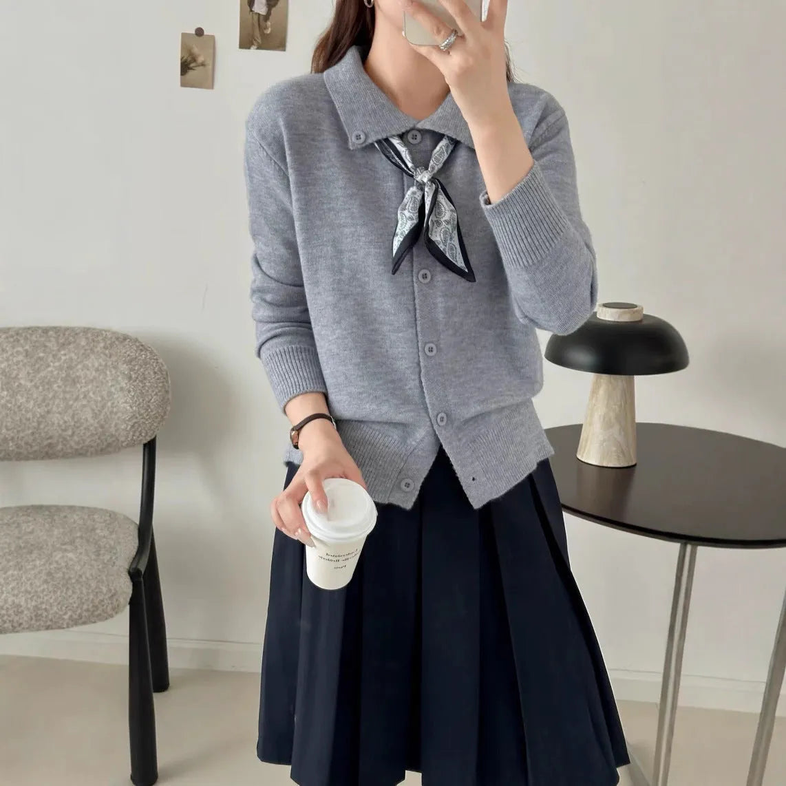 Women's lapel scarf cardigan sweater in acrylic fibre with splicing detail, free size