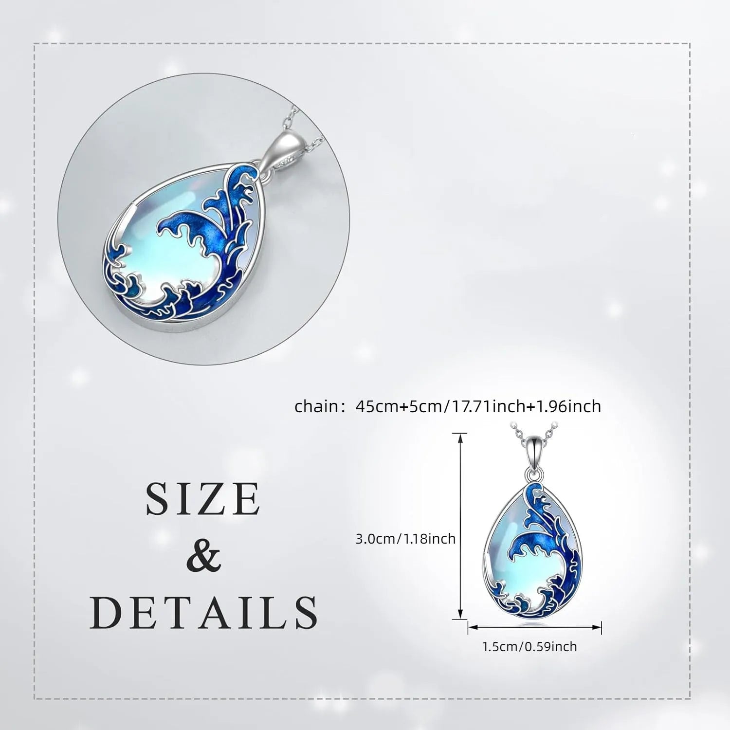 Moonstone blue alloy heart pendant necklace with chain on white background