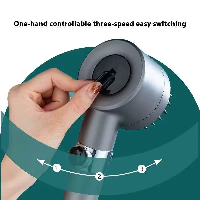 Portable ABS plastic shower head with third gear adjustment dial showing spray massage and rainfall settings