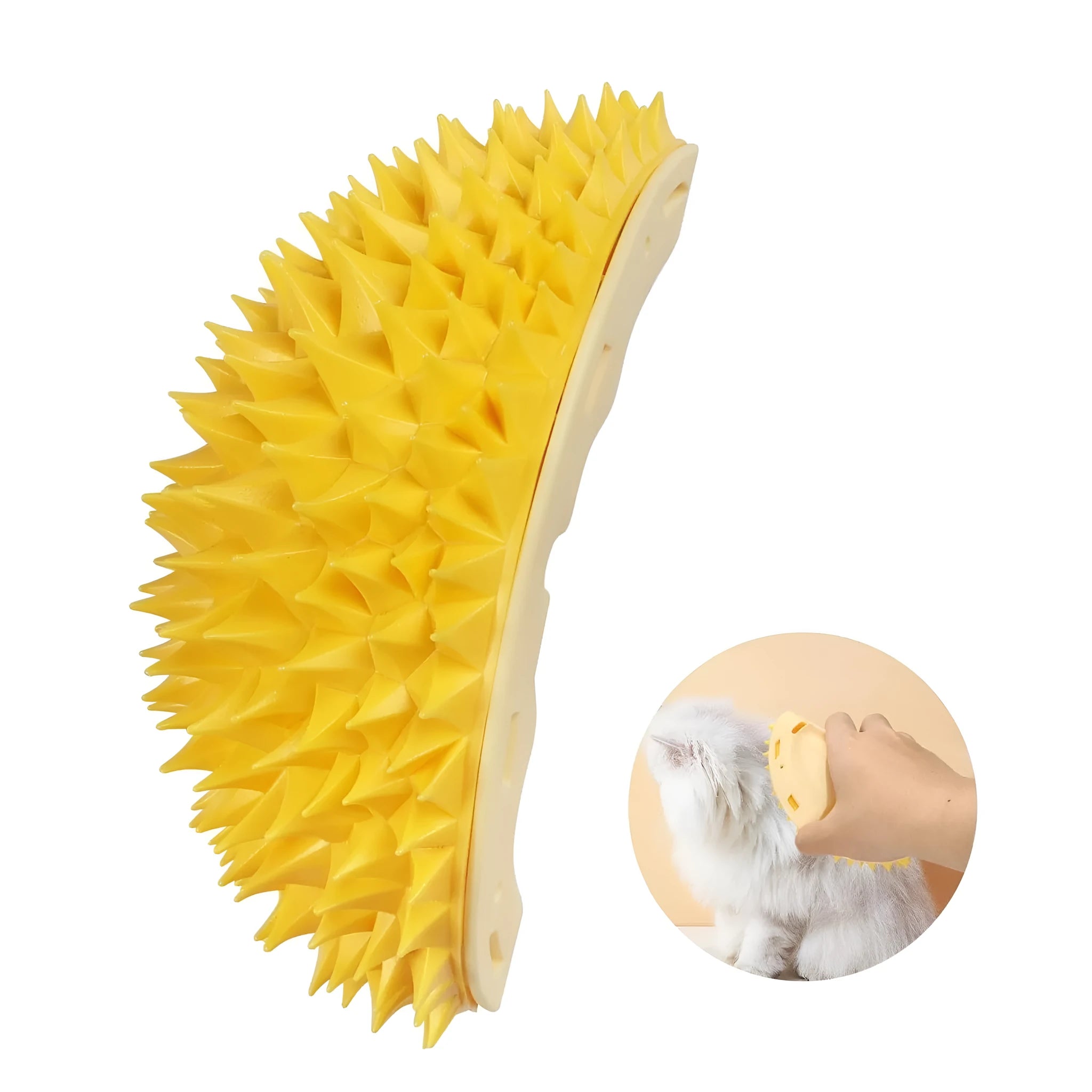 Yellow durian-shaped cat corner scratcher and massage comb mounted on a wall