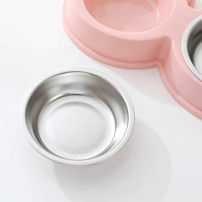 Stainless steel pet bowl with double compartments and frog pattern design for dogs and cats