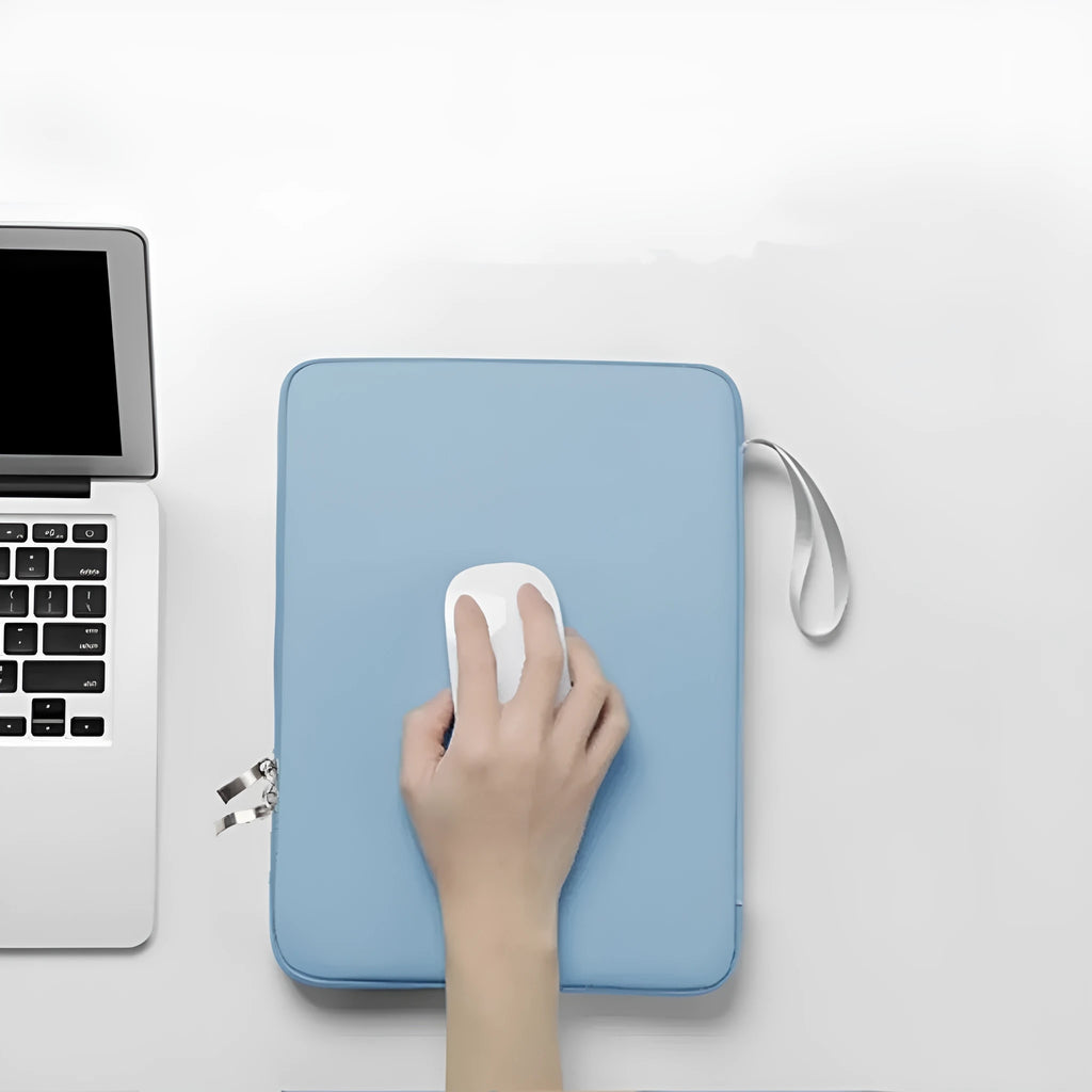 Imitation leather tablet protective case with fabric lining and a handle in light grey colour