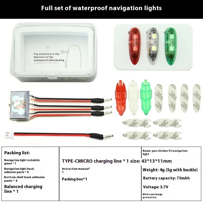V3 wireless charging waterproof navigation light for model cars and boats, showing red, green, and white colour options.
