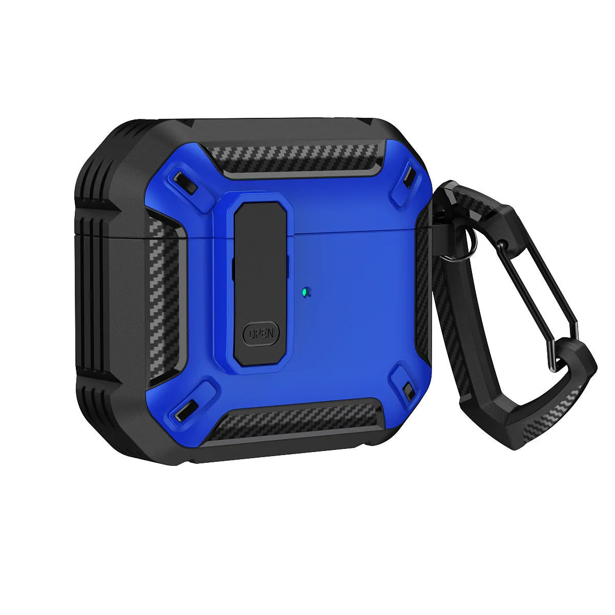 Two-tone plastic clamshell protective case for Apple AirPods with a metal carrying hook attached.