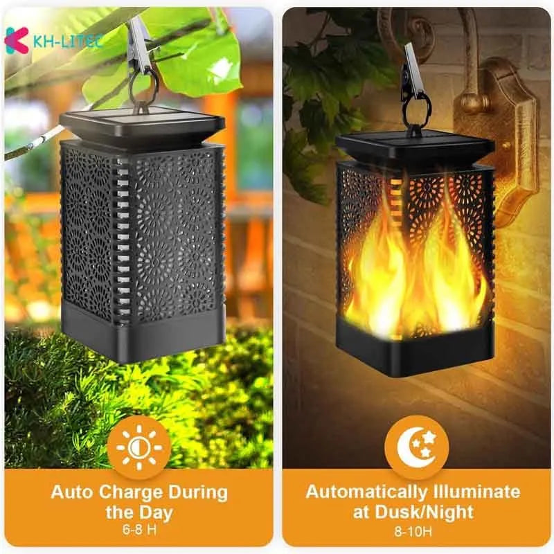 Set of four black solar-powered hanging garden lights with a flickering flame LED effect.