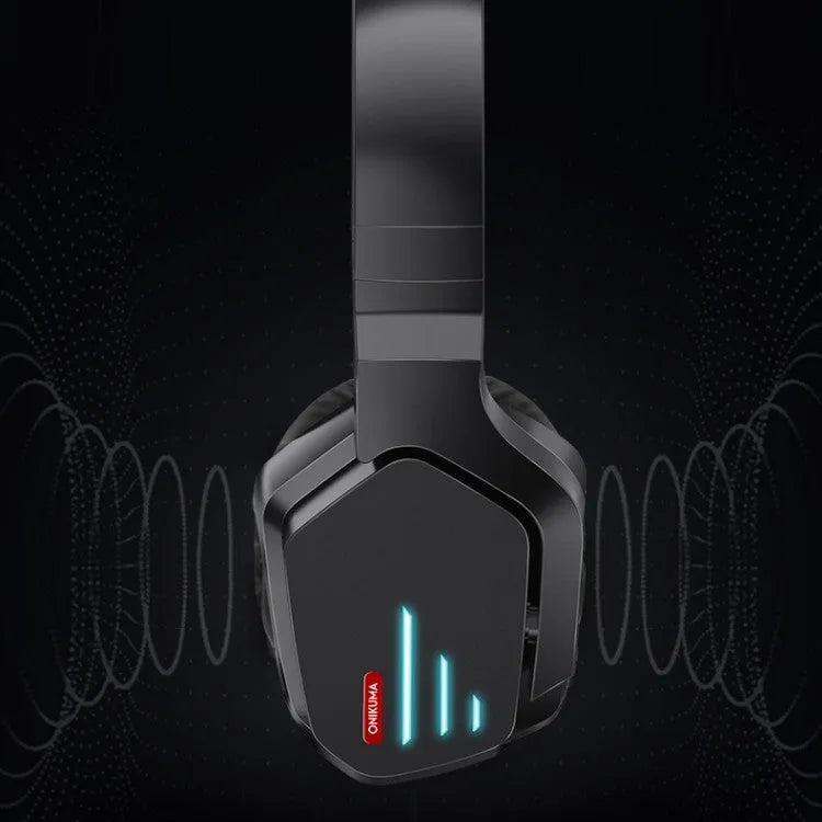 Luminous black wireless gaming headphones showing head-mounted design with adjustable headband and ear cups