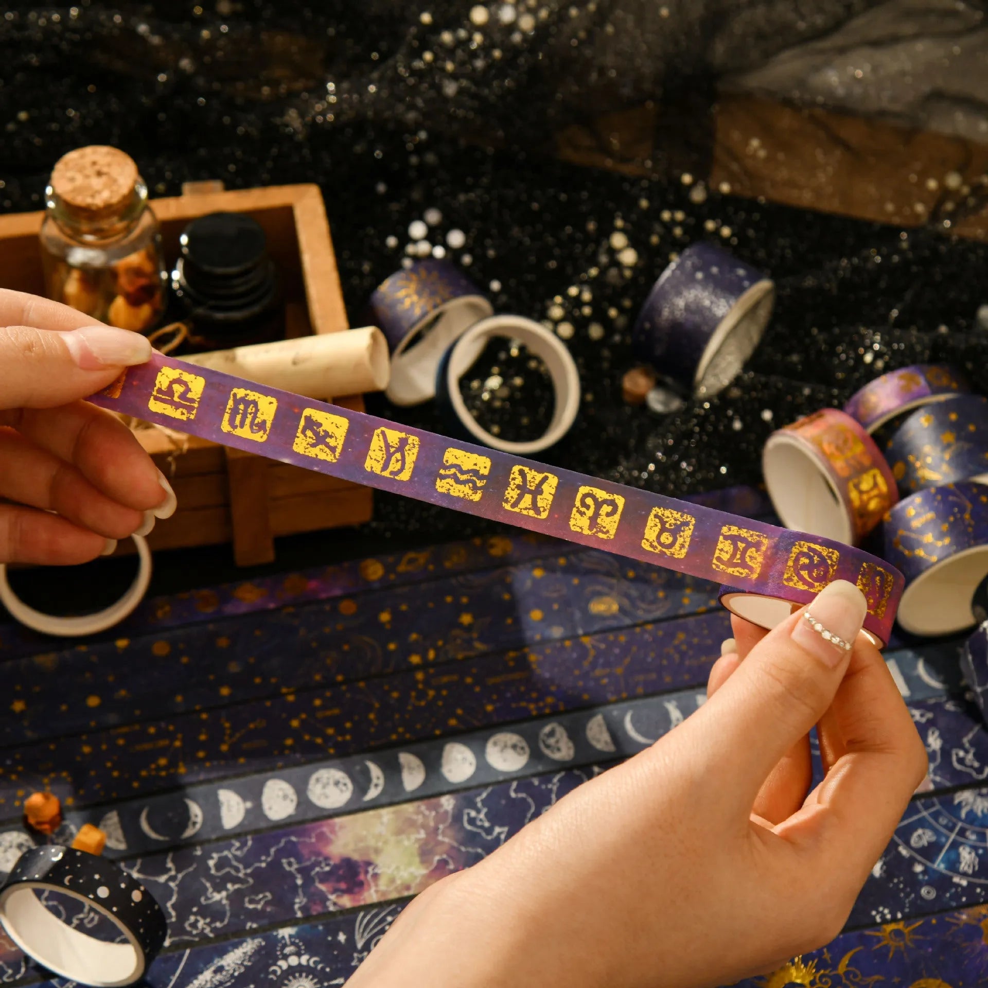 Box of 20 rolls vast starry sky and cartoon Japanese paper adhesive tape with mixed widths