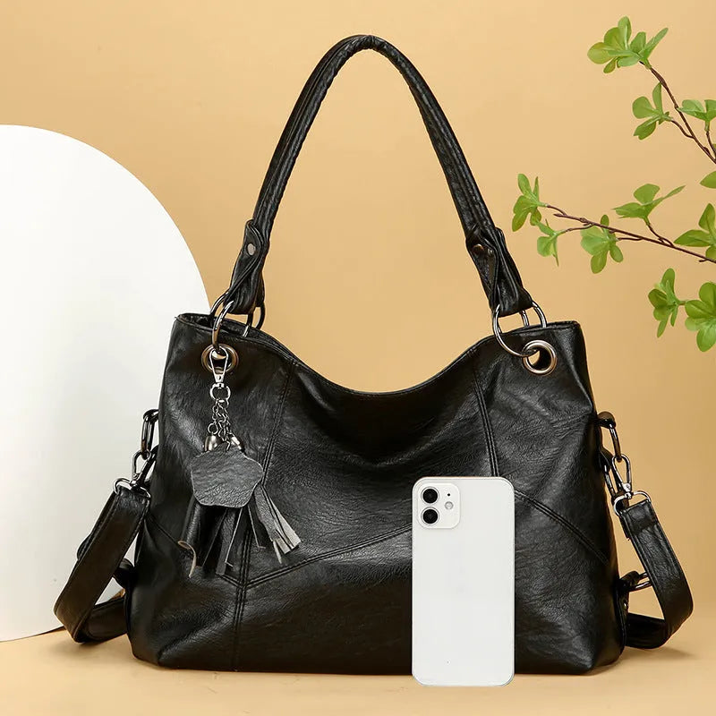 Retro large capacity soft PU stitching handbag in black, brown, coffee, wine red, with sandwich pocket and internal organisation