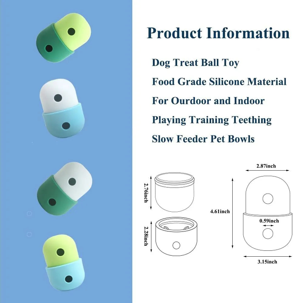 White and blue food-grade silicone dog treat puzzle toy for small breeds on a hard floor.