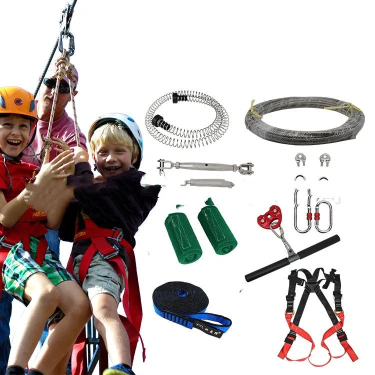 XYL Ziptreck 10 metre pulley slide rope kit with handle, safety retractor, and alloy steel hardware