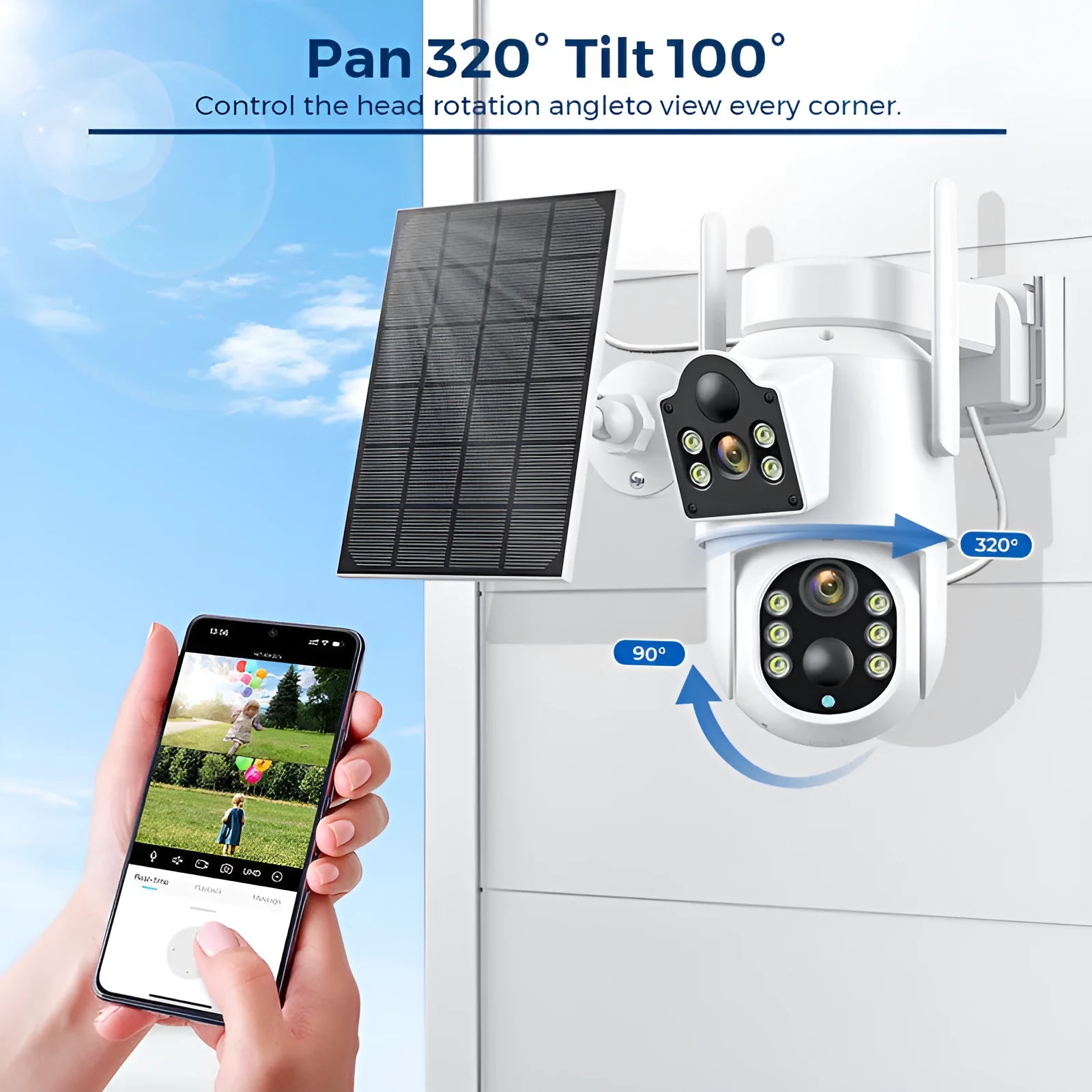 Outdoor solar powered wifi security camera with solar panel and 4MP HD resolution