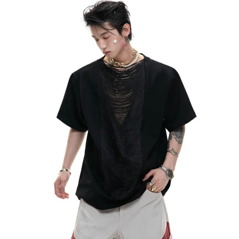 Black men's loose t-shirt with a hollow-out V-neck and short sleeves featuring a tassel detail.