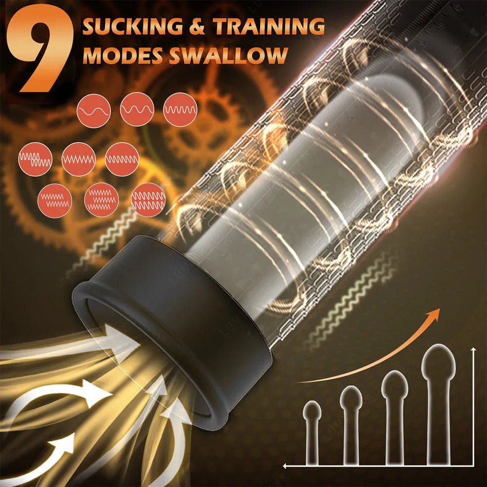 Electric male masturbation pump device for penis exercise made from ABS and TPE.