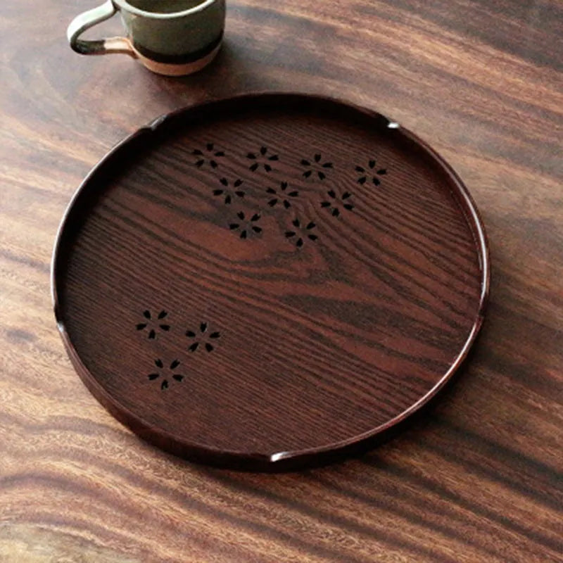 Wooden hollow Sakura shallow plate with cherry blossom cut-out pattern for dessert serving