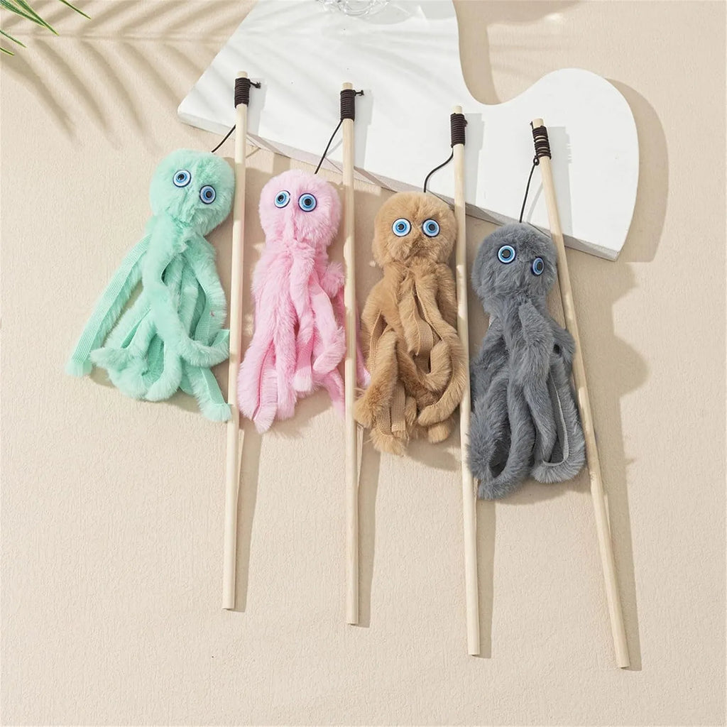 Octopus-shaped cat toy with long 40cm stick, feathers, and safety eyes in bright colours