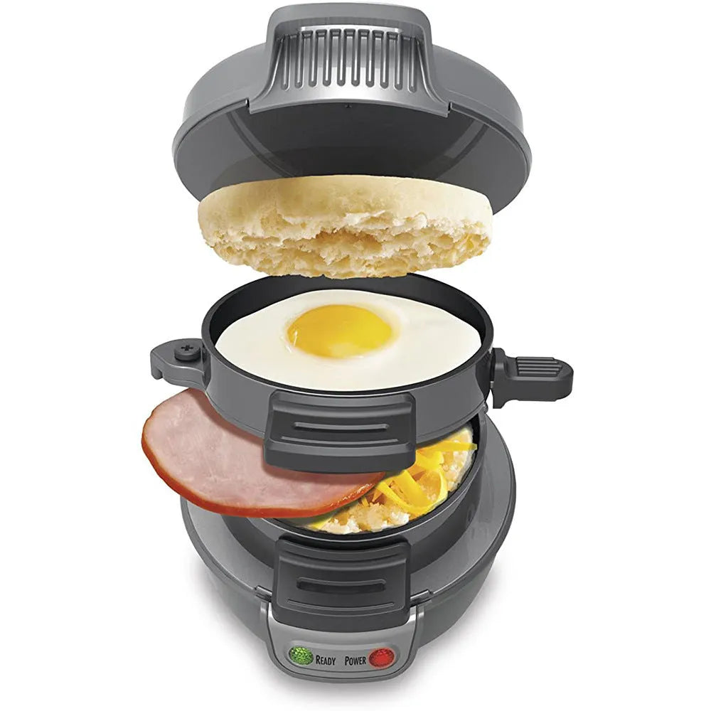 Bright red household breakfast sandwich maker with egg cooker ring and mechanical controls