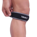 Black and grey patella retinaculum knee support for adult sports.