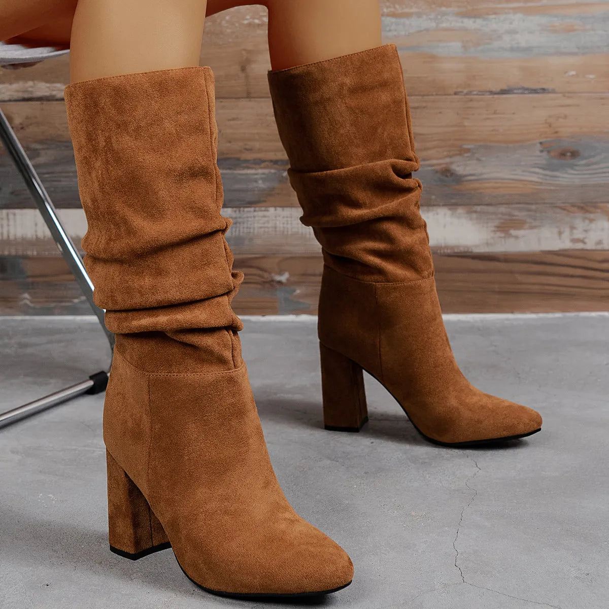 Camel suede high heel boots for women square heel above 8cm slip-on oversleeves style round toe