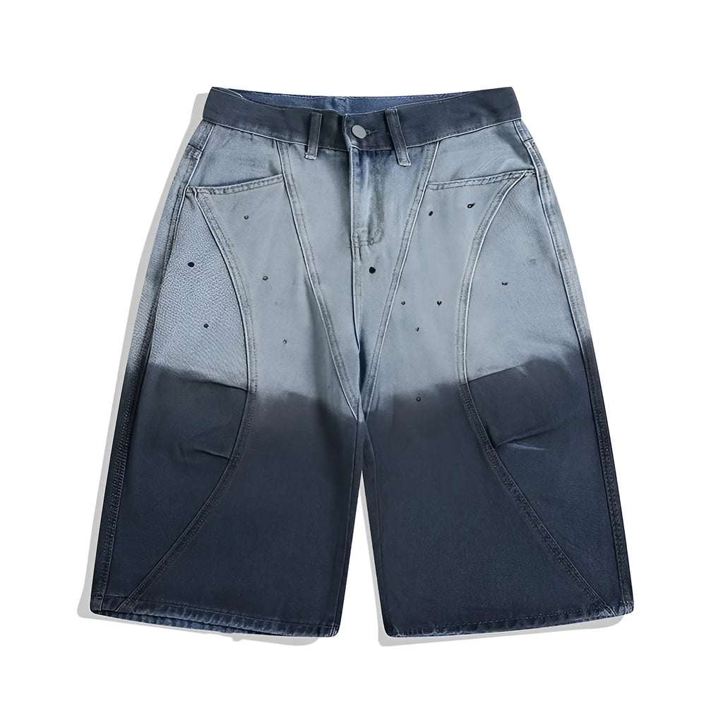 Blue tie-dye gradient cropped jeans with loose fit and mid-waist design
